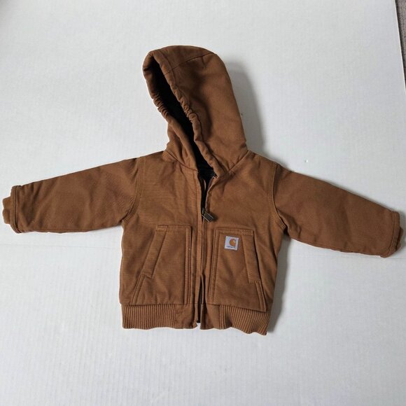 Carhartt Jacket Boys 6 Months Brown Canvas Hooded Insulated Active Jac CP8552